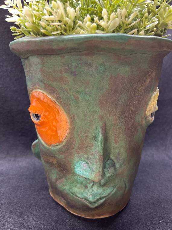 Medium Face Planter - Antique Green Glazes with orange and yellow accents  (Free US Shipping)