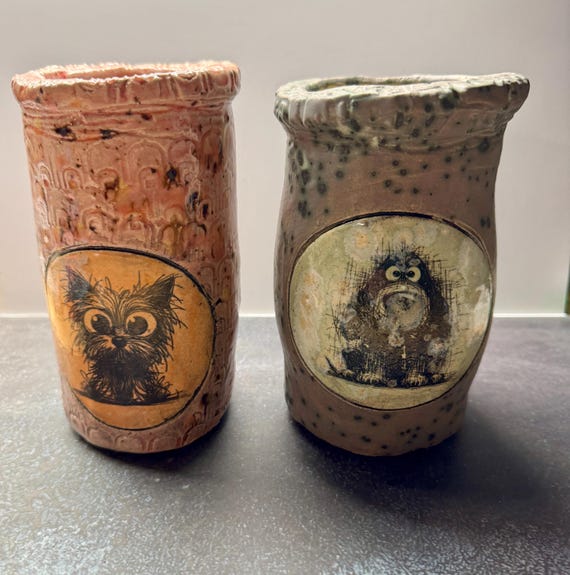 Two Dog Vases - two whimsical dogs   (Free US Shipping)
