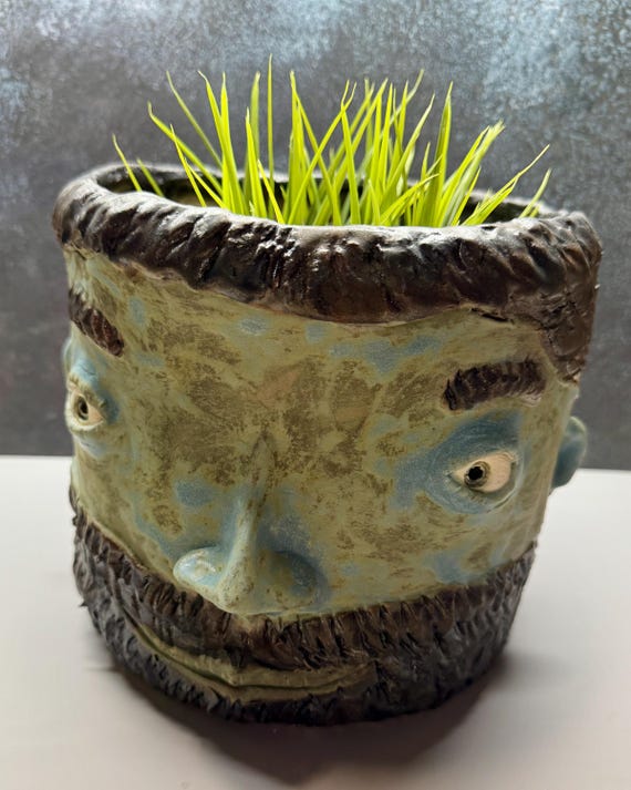 Large Face Planter -  Beardy Guy with Matte Blue Glaze -  (Free US Shipping)