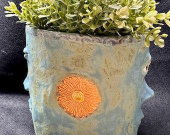 Medium Face Planter - Two  Faces in Matte glazes  (Free US Shipping)