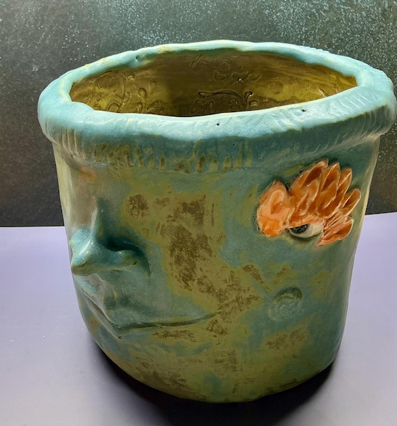 Large Face Planter - Matte Blue with Orange Accents-  (Free US Shipping)