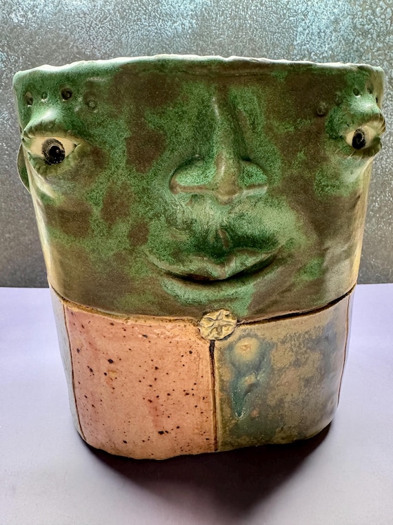 Medium Face Planter - Antique Green Glaze with Stripes  (Free US Shipping)