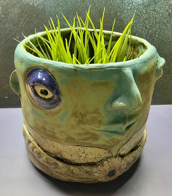 Large Face Planter - Matte Blue with a Flower For You -  (Free US Shipping)