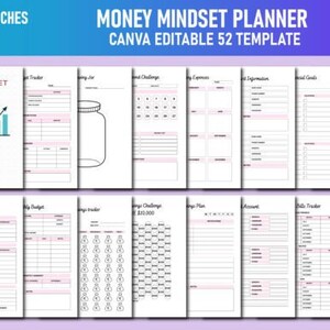 May include: A printable money mindset planner with 52 templates for use with Canva. The planner includes pages for budgeting, tracking expenses, setting financial goals, and more. The pages are designed with a minimalist aesthetic and feature pink accents.
