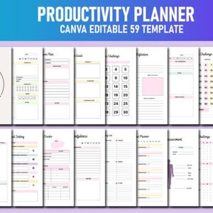 May include: A set of 59 printable productivity planner templates in a white, pink, and yellow colour scheme. The templates include monthly calendars, goal setting pages, habit trackers, and more. The templates are designed to be used with Canva.