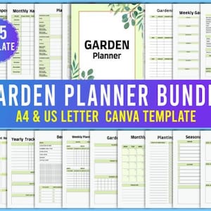 May include: A set of 115 printable garden planner templates in A4 and US Letter sizes. The templates are designed for use with Canva and feature a green and white colour scheme with floral accents. The templates include pages for tracking compost, monthly harvests, plant profiles, weekly gardening tasks, yearly tracking, and more.