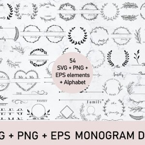 Può includere: Un set di 54 elementi di design monogramma in bianco e nero, tra cui ghirlande, rami e un alfabeto. Gli elementi sono perfetti per creare loghi personalizzati, inviti e altri design.