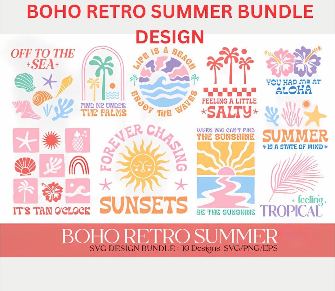 Boho Retro Summer Beach SVG Bundle Sublimation Sticker Set Craft ...