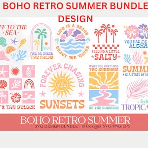 Op de afbeelding: Een set van 10 digitale ontwerpen met zomerse illustraties en tekst. De ontwerpen zijn in een retro boho-stijl met een roze, gele, blauwe en oranje kleurenpalet. De ontwerpen bevatten zinnen zoals "Off to the Sea", "Forever Chasing Sunsets", "Feeling a Little Salty" en "Summer is a State of Mind".