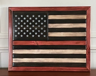 Handmade Patriotic Wooden American Flag THIN RED LINE Firefighters or First Responders Free Shipping