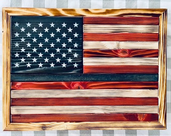 Handmade Patriotic Wooden American Flag Thin Blue Line for Police PERFECT GIFT Free Shipping
