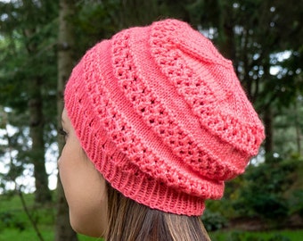 Pink Slouchy Knit Hat - Salmon Pink Vegan Hat - Slouchy Beanie - Slouchy Knit Winter Toque - Womens Knit Hat - Vegan Knit - Hand Knit Gift