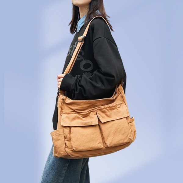 Multi-pocket Single Shoulder Straddle Bag, Thick Canvas Messenger Bag, Large Capacity Travel Bag,Simple Shoulder Bag,Work Bag,Back To School