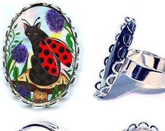 Ladybug Fairy Cat Ring Fantasy Cat Art Ladybug Cat Silver Cameo Cat Ring 25x18mm Gift for Cat Lovers Jewelry Carrie Hawks