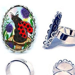 Ladybug Fairy Cat Ring Fantasy Cat Art Ladybug Cat Silver Cameo Cat Ring 25x18mm Gift for Cat Lovers Jewelry Carrie Hawks image 1