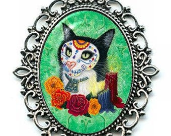 Day of the Dead Cat Candles Necklace Gothic Mexican Sugar Skull Cat Art Cameo Pendant 40x30mm Gift for Cat Lovers Jewelry Carrie Hawks