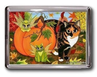 Calico Cat FAIRY CATS Pumpkin Autumn Fall Fantasy Art Magnet Cat Lovers Gifts Carrie Hawks