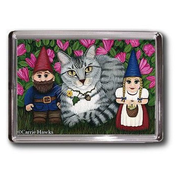 Tabby Cat Garden Gnomes Magnet Azalea Flowers Fantasy Cat Art Framed Magnet Gifts For Cat lovers Carrie Hawks