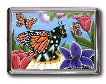 Fairy Cat Magnet Monarch Butterfly Tulips Fantasy Cat Art Framed Magnet Cat Lovers Gifts Carrie Hawks