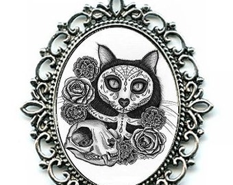 Day of the Dead Cat Necklace Gothic Mexican Sugar Skull Cat Art Cameo Pendant 40x30mm Gift for Cat Lovers Jewelry Carrie Hawks