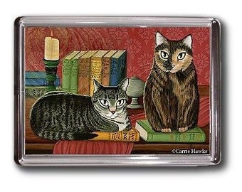 Library Cats Magnet Classic Literary Cat Tabby Tortoiseshell Tortie Books Dickens Fantasy Cat Art Framed Magnet Cat Lovers Gift Carrie Hawks
