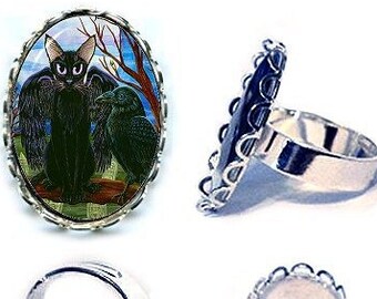 Raven and Cat Ring Winged Black Cat Ring Crow Ring Cat Moon Art Silver Cameo Ring 25x18mm Gift for Cat Lovers Jewelry Carrie Hawks