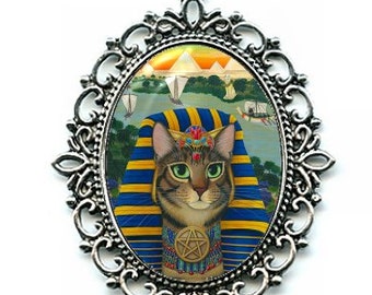 Egyptian Pharaoh Cat Necklace Egypt Bastet King of Pentacles Cat Cameo Pendant 40x30mm Gift for Cat Lovers Jewelry Carrie Hawks