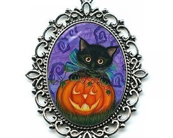 Halloween Black Cat Necklace Jackolantern Pumpkin Black Kitten Fall Big Eyed Cat Pendant 40x30mm Cat Lovers Jewelry Carrie Hawks