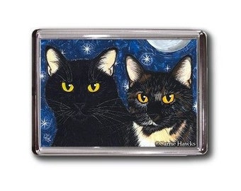 Schwarze Katze Magnet Schildpatt Katze Magnet Mond Sterne Gothic Katzen Portrait Fantasy Katze Kunst gerahmter Magnet Katzenliebhaber Geschenke Carrie Hawks