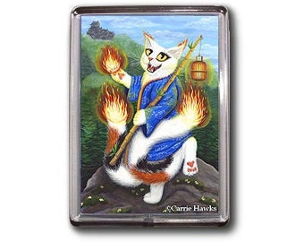 Bakeneko Nekomata Cat Magnet Japanese Cat Ace of Wands Fire Tarot Card Art Cat Fantasy Art Framed Magnet Cat Lovers Gifts Carrie Hawks