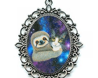 Sloth Cat Necklace Three Toed Sloth Tabby Cat Galaxy Stars Space Sloth Art Silver Cat Pendant 40x30mm Cat Lover Jewelry Carrie Hawks