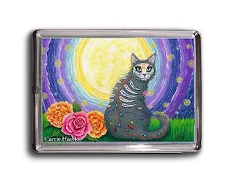 Day of the Dead Cat Moon Magnet Sugar Skull Cat Mexican Celestial All Souls Day Stars Cat Art Magnet Gifts For Cat Lovers Carrie Hawks