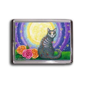 Day of the Dead Katze Mond Magnet Sugar Skull Katze Mexikanisch Celestial All Souls Day Stars Cat Art Magnet Geschenke für Katzenliebhaber Carrie Hawks Bild 1