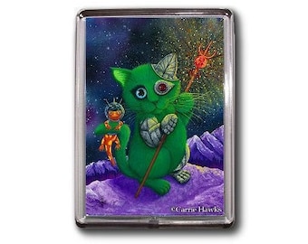 Cyborg Galaxy Cat Magnet Salamander Green Alien Space Cat Sci-fi Page of Wands Tarot Art Framed Magnet Cat Lovers Gifts Carrie Hawks
