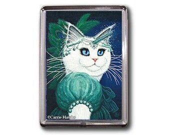 Imán de princesa de gato blanco, plumas de pavo real de gato Isadora, tocado de unicornio celestial, mini imán enmarcado, regalos para amantes de los gatos, Carrie Hawks