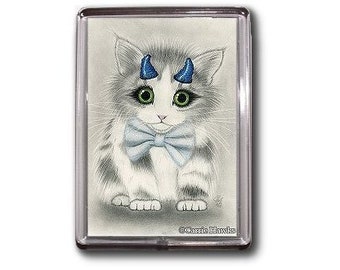 Devil Cat Magnet Cute Kitten Blue Horns Fantasy Cat Art Framed Magnet Cat Lovers Gifts Carrie Hawks