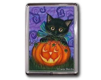 Halloween Black Kitten Jackolantern Magnet Pumpkin Black Cat Fall Big Eyed Cat Art Fantasy Art Magnet Gifts For Cat Lovers Carrie Hawks