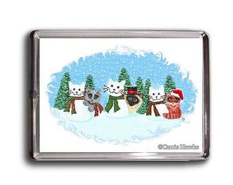 SnowCat Kitties Magnet Snow Cat Siamese Cat Grey Cat Orange Tabby Christmas Trees Cat Art Framed Magnet Gifts For Cat Lovers Carrie Hawks