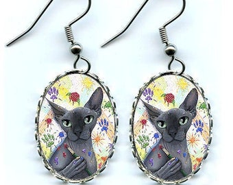 Sphynx Cat Artist Earrings Blue Sphynx Splattered Paint Paw Prints Hairless Cat Cameo Earrings 25x18mm Gift for Cat Jewelry Carrie Hawks