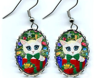 Christmas Kitten Boy Earrings White Kitten Christmas Cat Tree Holiday Present Gift Bow Earrings 25x18mm Cat Lovers Jewelry Carrie Hawks
