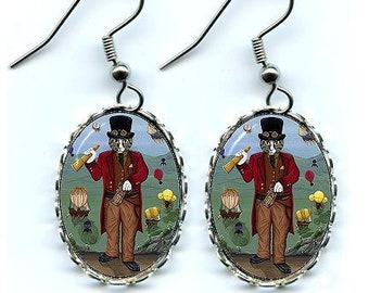 Steampunk Cat Guy Earrings Victorain Cat Airships Fantasy Cat Art Cameo Earrings 25x18mm Gift for Cat Lovers Jewelry Carrie Hawks