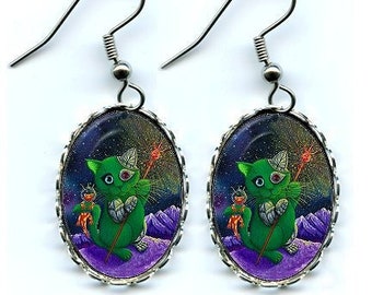 Alien Cyborg Cat Salamander Earrings Space Cat Sci-fi Page of Wands Galaxy Tarot Art Cameo Earrings 25x18mm Cat Jewelry Carrie Hawks