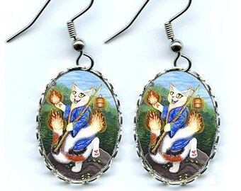 Bakeneko Nekomata Cat Earrings Japanese Cat Cameo Tarot Art Ace of Wands Cameo Earrings 25x18mm Gift for Cat Lovers Jewelry Carrie Hawks