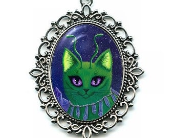 Green Alien Cat Necklace Space Cat Art Purple Crystals Cameo Pendant Silver Cat Necklace 40x30mm Cat Lovers Jewelry Carrie Hawks