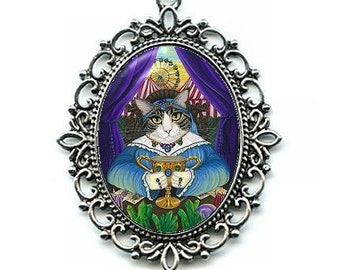 Fortune Teller Cat Necklace Psychic Tarot Card Art Queen of Cups Cat Circus Carnival Cat Cameo Pendant Necklace 40x30mm Jewelry Carrie Hawks
