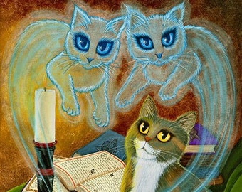 Hexe Katze Kunst Glückskatze Gemälde Geist Katzen Zauber Schädel Gothic Fantasy Katze Kunst Limitierte Auflage Leinwand 11 x 14 Katzenliebhaber Kunst
