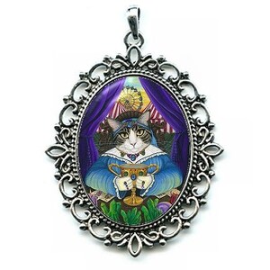 Collier chat diseuse de bonne aventure carte de tarot psychique art reine des tasses chat du cirque carnaval chat camée pendentif collier 40 x 30 mm bijoux Carrie Hawks