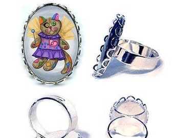 Anillo de gato de hada vudú, muñeco de trapo, gato de patchwork, emperatriz, arte de cartas del tarot, anillo de gato de plata, 25 x 18 mm, joyería para amantes de los gatos, Carrie Hawks