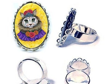 Day of the Dead Cat Princess Ring Mexican Sugar Skull Cat Ring Aztec Tiara Cameo Ring 25x18mm Gift for Cat Lovers Jewelry Carrie Hawks