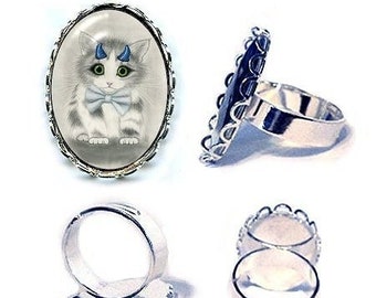 Cute Blue Horns Little Devil Cat Ring Cute Devil Kitten Fantasy Cat Art Silver Cameo Ring 25x18mm Cat Lovers Jewelry Carrie Hawks